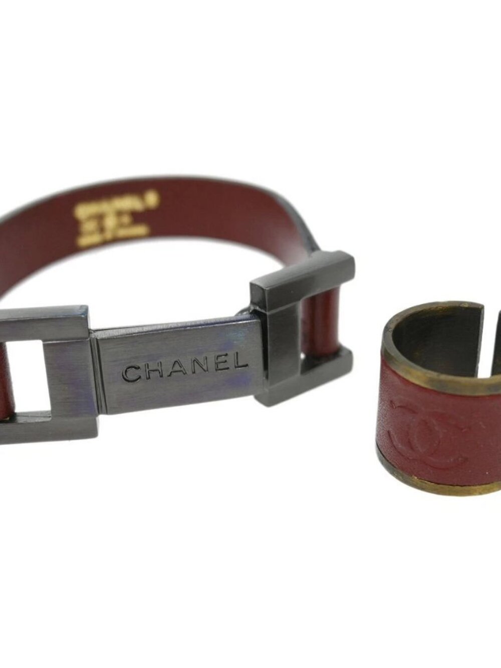 Chanel Leather Bracelet Ring Set Silver Brown 00A 187658
